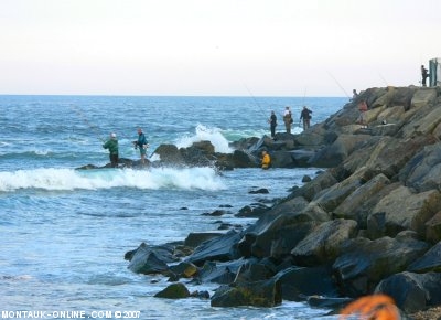 Surfcasters in front of the Montauk Point Lighthouse